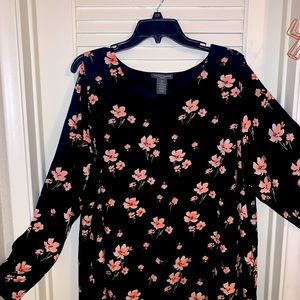 Black and pink floral cold shoulder dress.